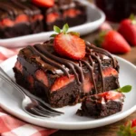 Schokoladenüberzogene Erdbeer-Brownies auf einem weißen Teller