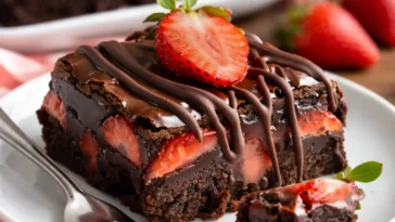 Schokoladenüberzogene Erdbeer-Brownies auf einem weißen Teller