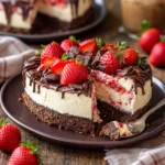 Schokoladenüberzogener Erdbeer-Käsekuchen auf einem Teller