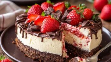 Schokoladenüberzogener Erdbeer-Käsekuchen auf einem Teller