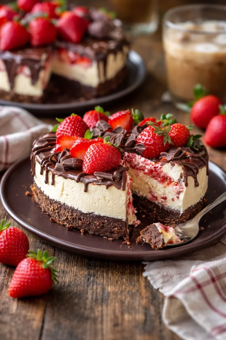 Schokoladenüberzogener Erdbeer-Käsekuchen auf einem Teller