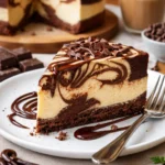 Schokoladenwirbel-Käsekuchen auf einem Teller, verziert mit Schokolade und Früchten.