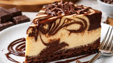 Schokoladenwirbel-Käsekuchen auf einem Teller, verziert mit Schokolade und Früchten.