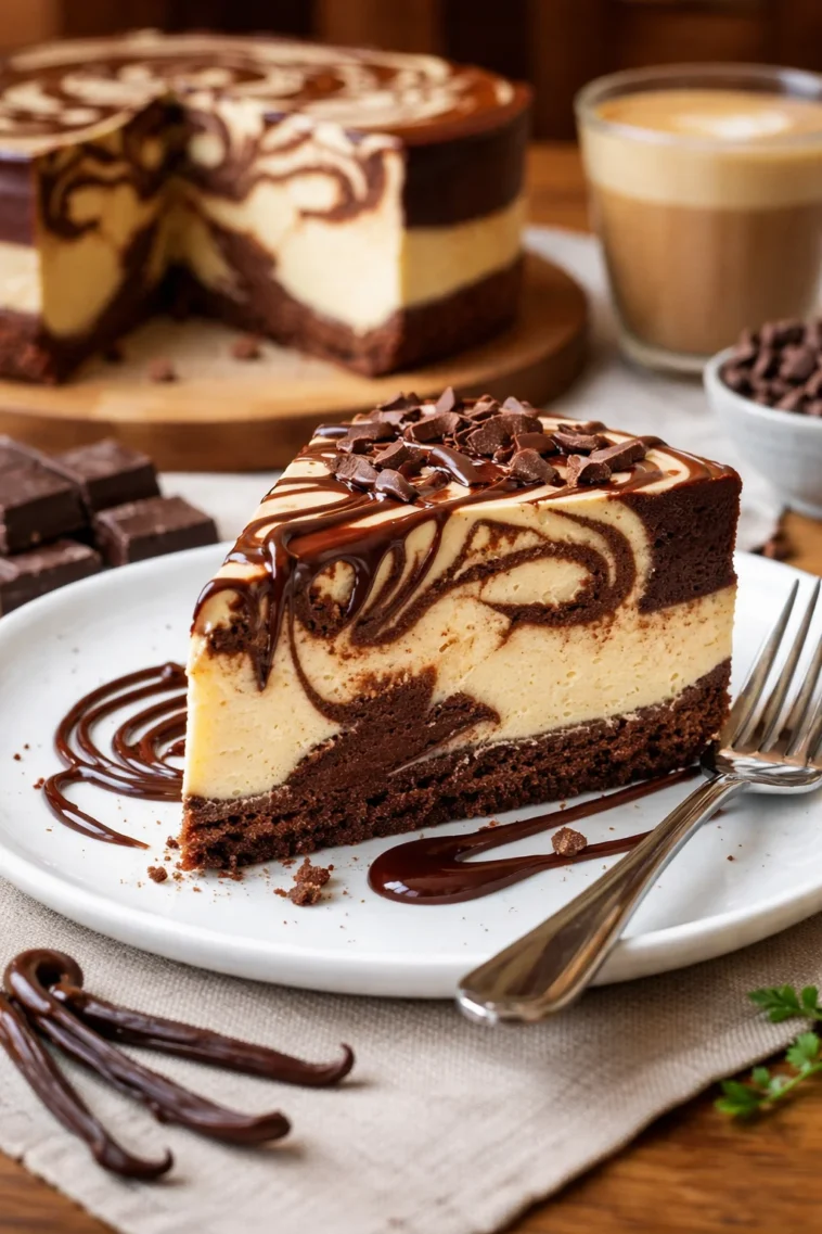 Schokoladenwirbel-Käsekuchen auf einem Teller, verziert mit Schokolade und Früchten.