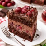 Schokotorte mit Kirschen und Schokobiskuit auf einem eleganten Dessertteller.