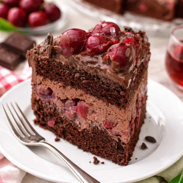 Schokotorte mit Kirschen und Schokobiskuit auf einem eleganten Dessertteller.