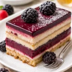 Schwarze Beeren Opera Torte mit Schichten aus Schokolade und Himbeeren.