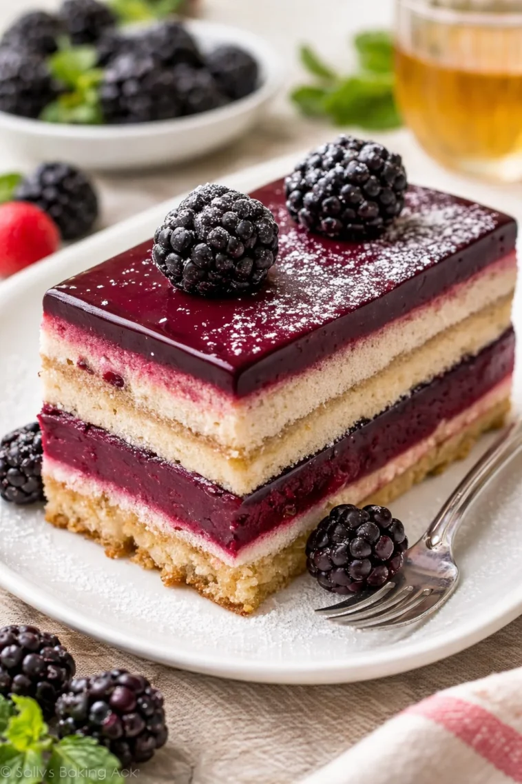 Schwarze Beeren Opera Torte mit Schichten aus Schokolade und Himbeeren.