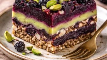 Schwarze Johannisbeer-Pistazien-Traumriegel auf einem Holztablett