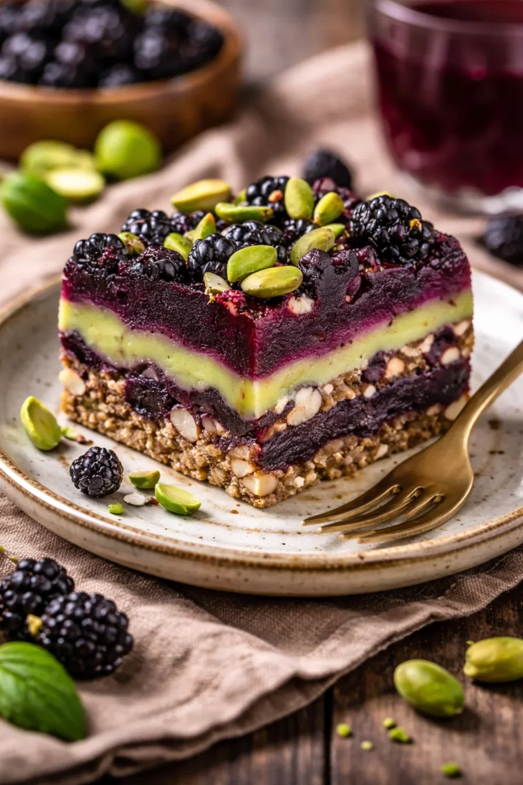 Schwarze Johannisbeer-Pistazien-Traumriegel auf einem Holztablett