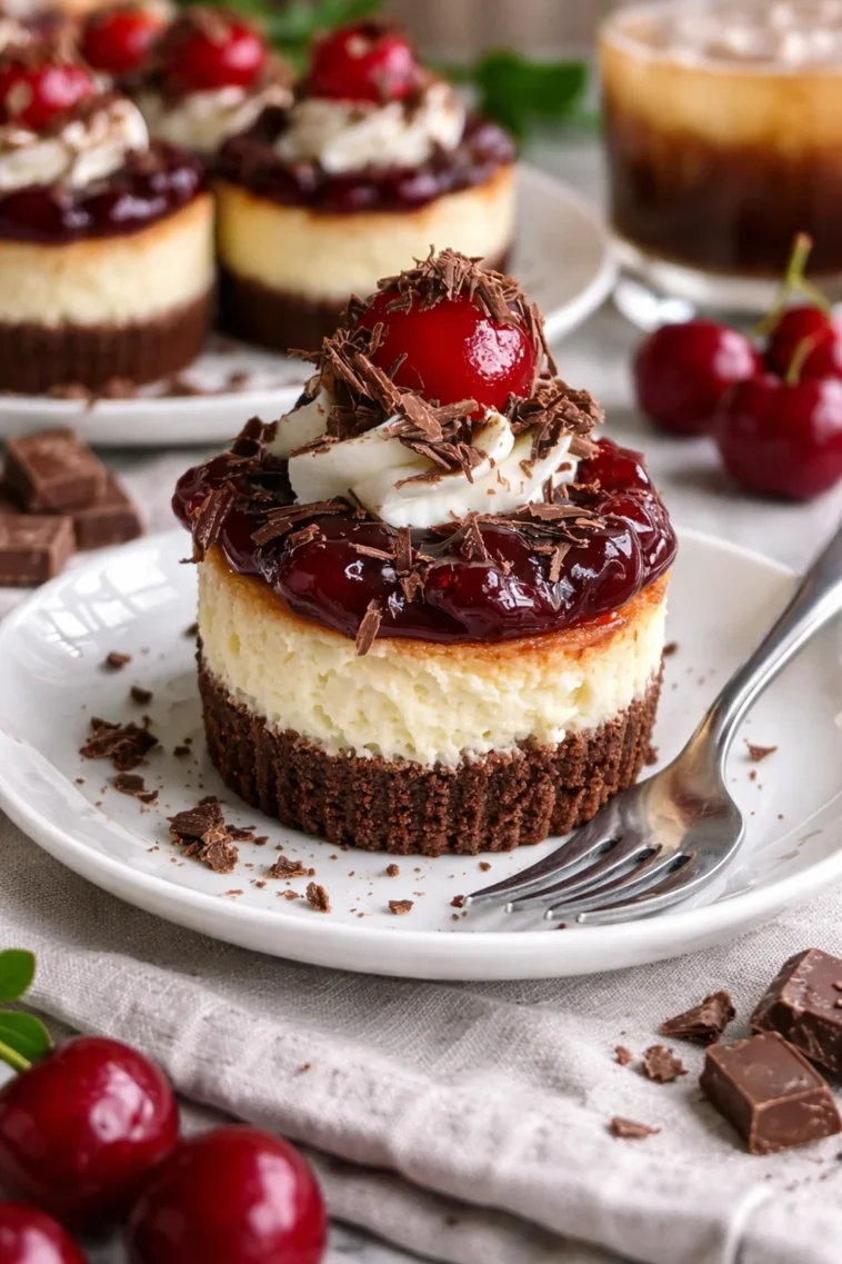Schwarzwälder Mini-Käsekuchen mit Kirschen und Schokolade auf einem Teller