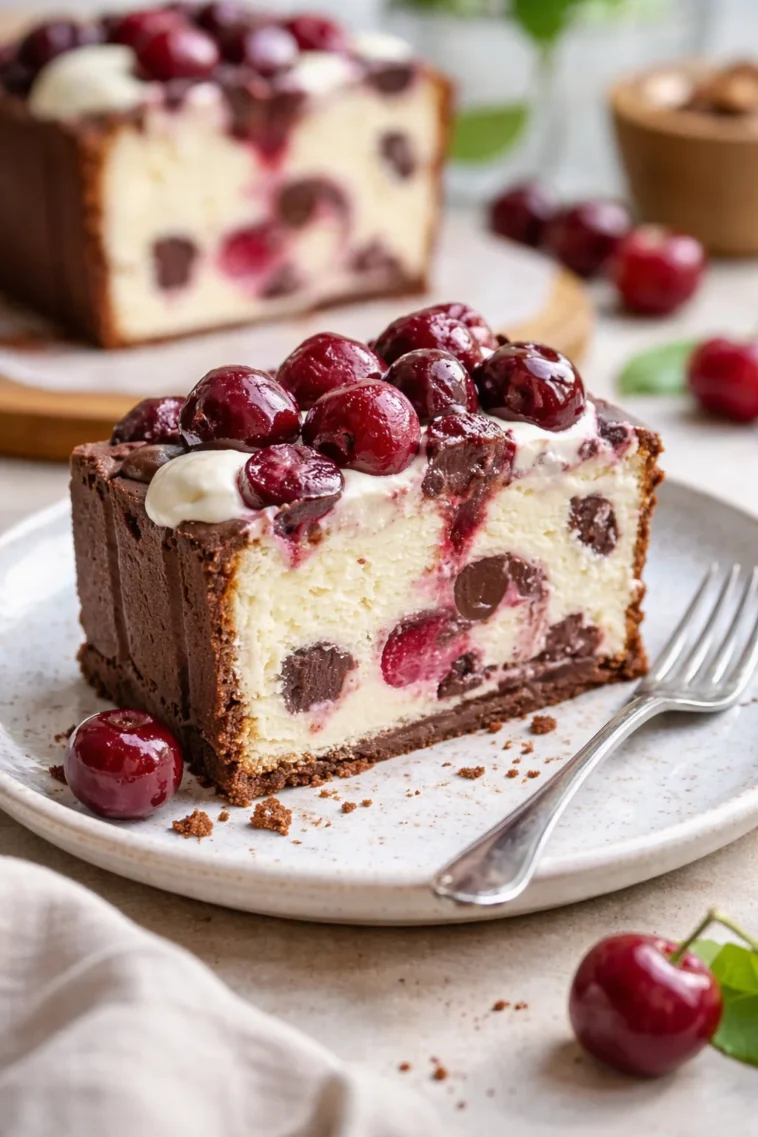 Schwarzwälder Zupfkuchen mit Schokolade und Kirschen, serviert auf einem Teller