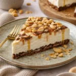 Snickers-Käsekuchen mit Schokoladentopping und Erdnüssen