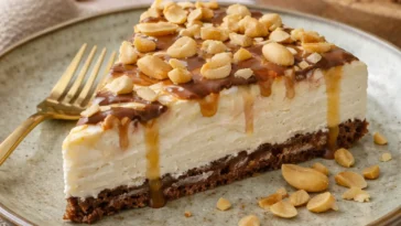 Snickers-Käsekuchen mit Schokoladentopping und Erdnüssen