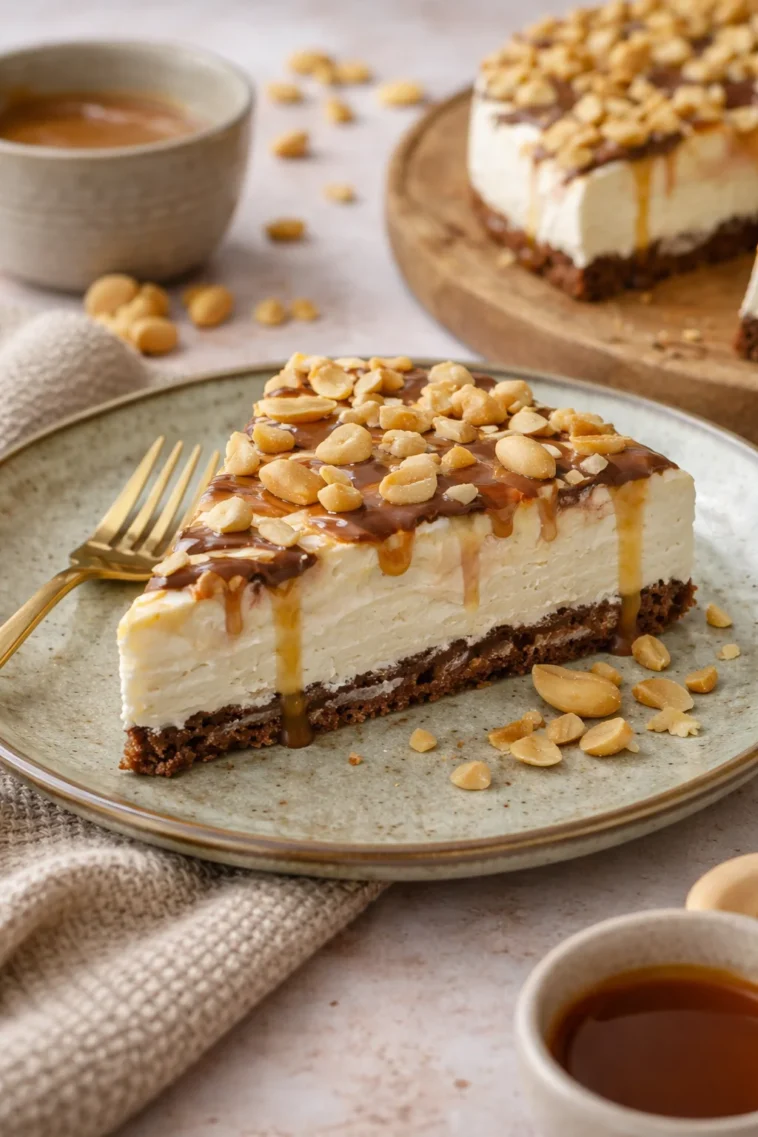 Snickers-Käsekuchen mit Schokoladentopping und Erdnüssen