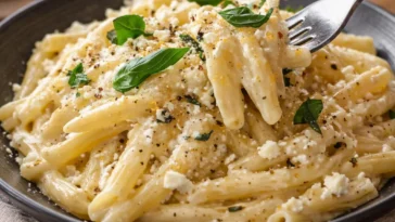 Spaghetti mit Feta und Zitronensoße garniert mit frischen Kräutern