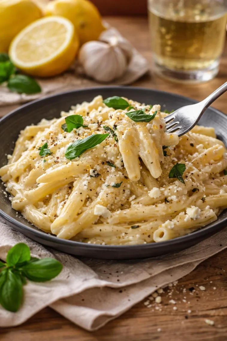 Spaghetti mit Feta und Zitronensoße garniert mit frischen Kräutern