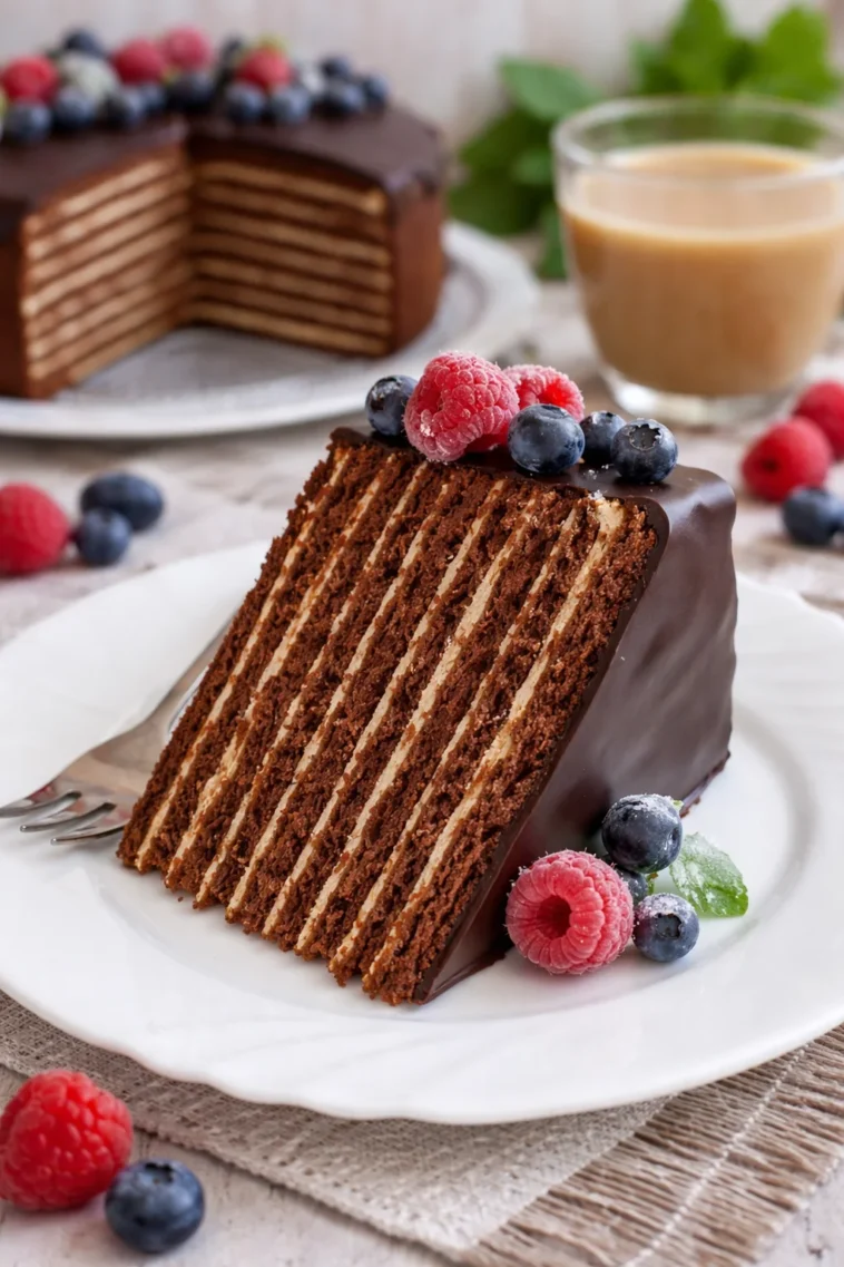 Himmlische Spartak Torte mit Schichten und Schokolade