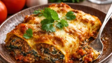 Leckere Spinat-Rindfleisch-Cannelloni mit Käse überbacken