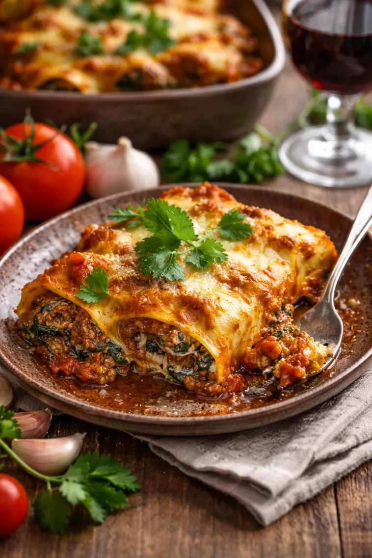Leckere Spinat-Rindfleisch-Cannelloni mit Käse überbacken