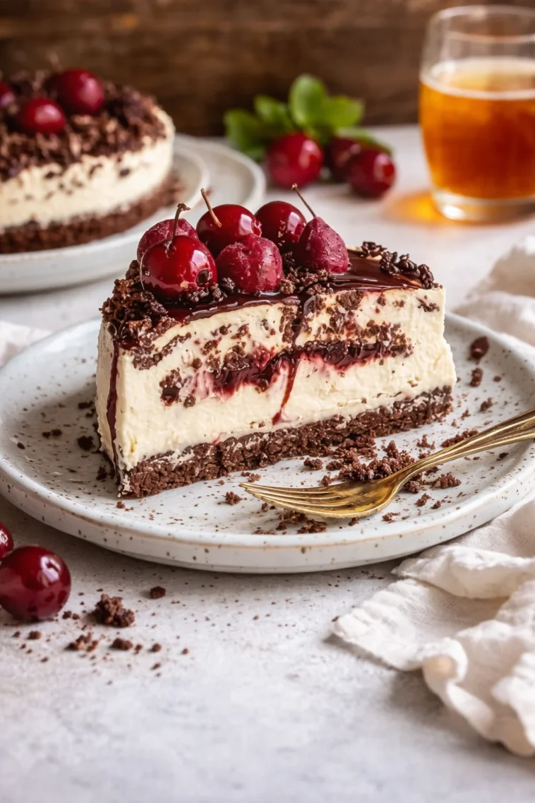 Leckere Stracciatella-Kirsch-Torte auf einem Teller serviert