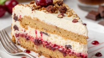 Stracciatella Kirsch Torte, saftig und cremig, verziert mit Kirschen und Schokolade