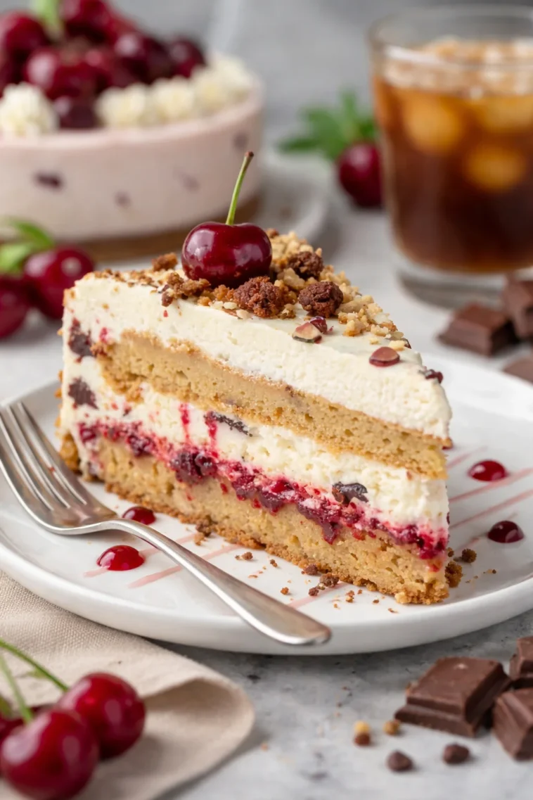 Stracciatella Kirsch Torte, saftig und cremig, verziert mit Kirschen und Schokolade