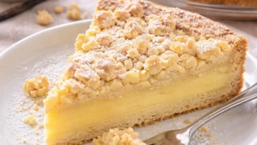 Streuselkuchen mit Pudding auf einem Teller serviert