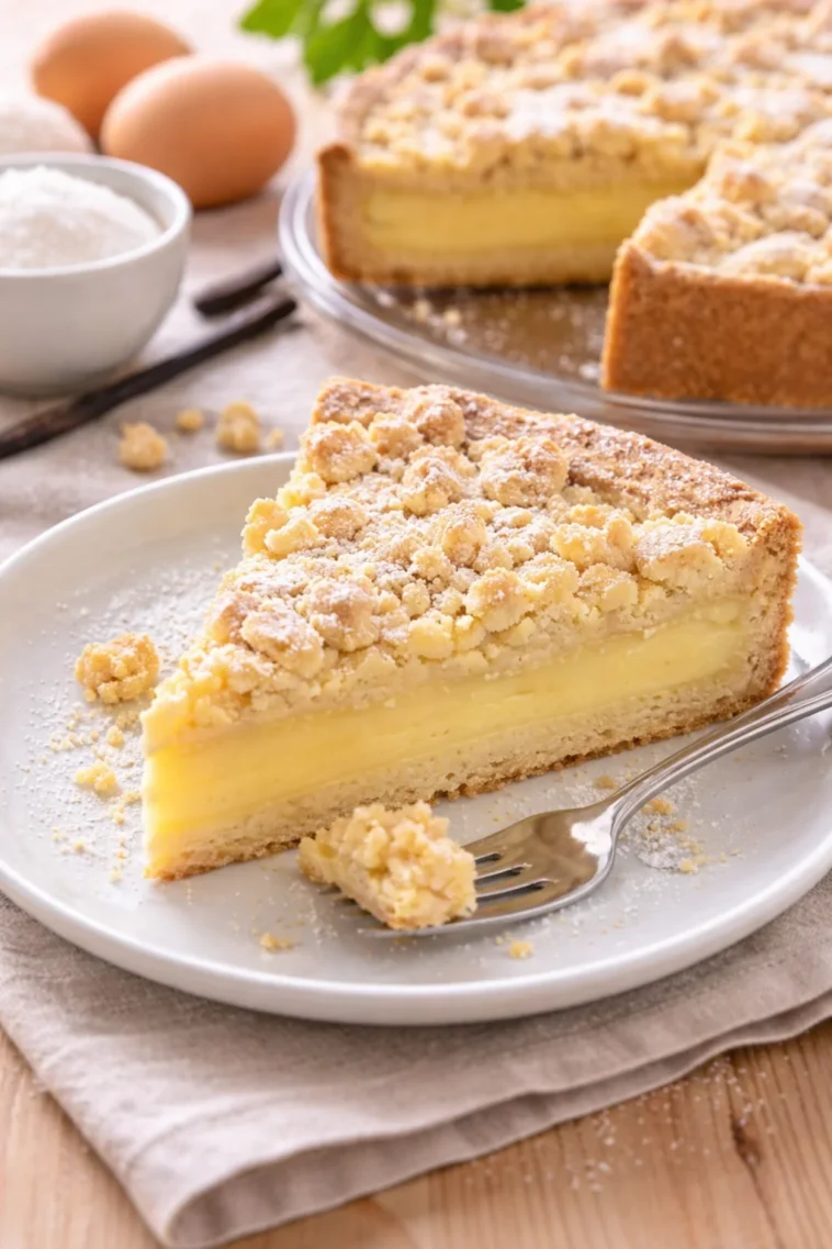 Streuselkuchen mit Pudding auf einem Teller serviert