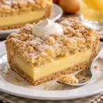 Leckerer Streuselkuchen mit Pudding auf einem Teller serviert