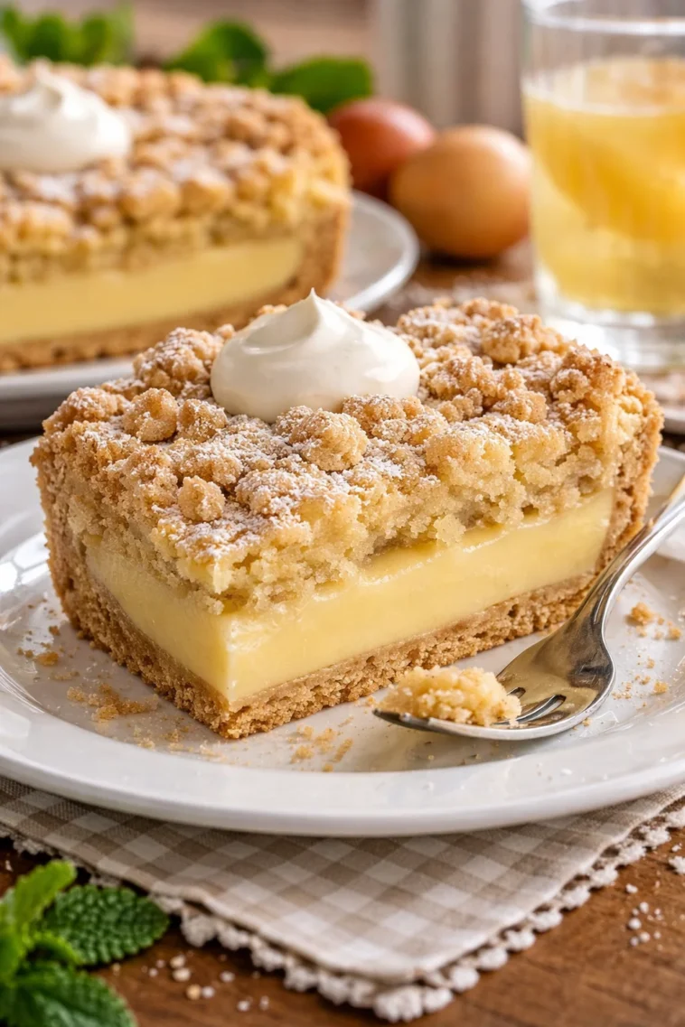 Leckerer Streuselkuchen mit Pudding auf einem Teller serviert