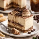 Tiramisu Käsekuchen mit kaltem Brühkaffee serviert auf einem Teller