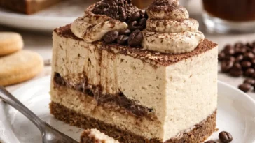 Tiramisu Käsekuchen mit kaltem Brühkaffee serviert auf einem Teller