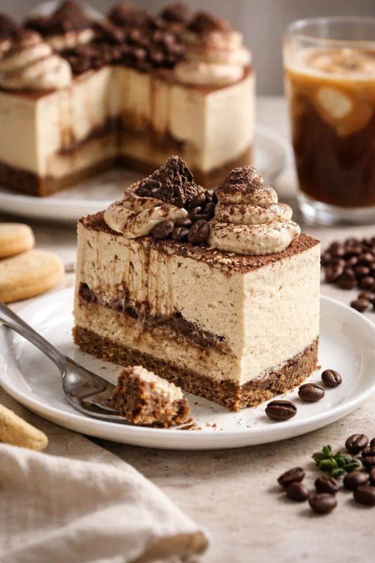 Tiramisu Käsekuchen mit kaltem Brühkaffee serviert auf einem Teller