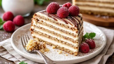 Ungarische Esterházy-Torte mit Nussfüllung und cremiger Glasur