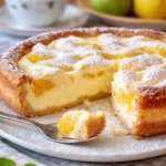 Unschlagbarer Apfelkuchen mit Vanillepudding auf einem weißen Teller.