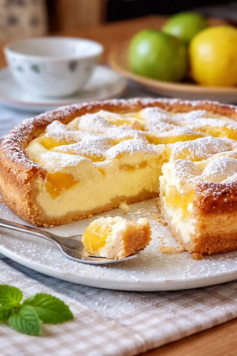 Unschlagbarer Apfelkuchen mit Vanillepudding auf einem weißen Teller.