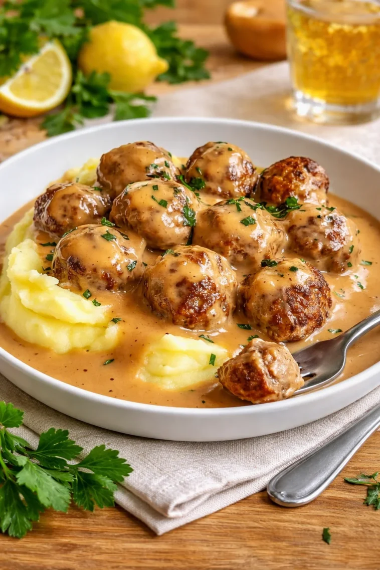 Unwiderstehliche Hackbällchen in cremiger Sauce mit Kartoffelpüree