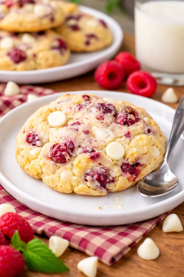 Himbeerkäsekekse aus Vanillekuchenmischung, frisch gebacken und dekoriert.