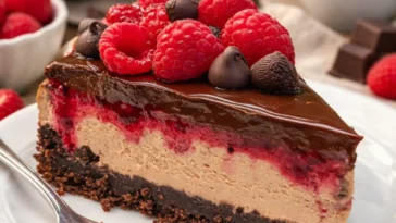 Verführerischer Schokoladen-Himbeer-Käsekuchen mit frischen Himbeeren und Schokoladentoppings