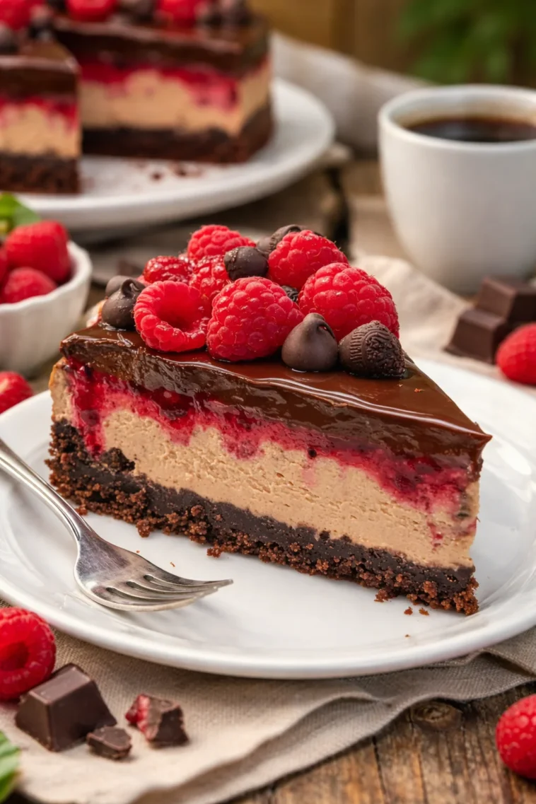 Verführerischer Schokoladen-Himbeer-Käsekuchen mit frischen Himbeeren und Schokoladentoppings