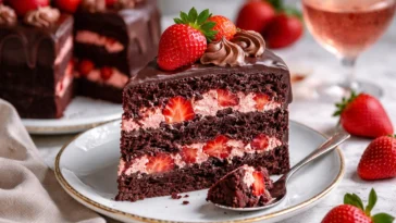 Verwöhnender Erdbeer-Schokoladen-Kuchen mit frischen Erdbeeren und Schokoladenglasur