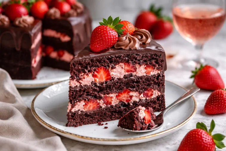 Verwöhnender Erdbeer-Schokoladen-Kuchen mit frischen Erdbeeren und Schokoladenglasur