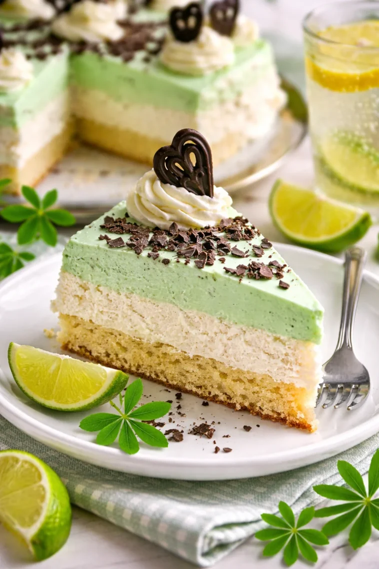 Waldmeistertorte mit frischem Waldmeister und Sahne, auf einem Teller serviert.