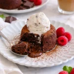 Warmer Schokokuchen mit flüssigem Kern, auch bekannt als Lava Cake, appetitlich serviert.