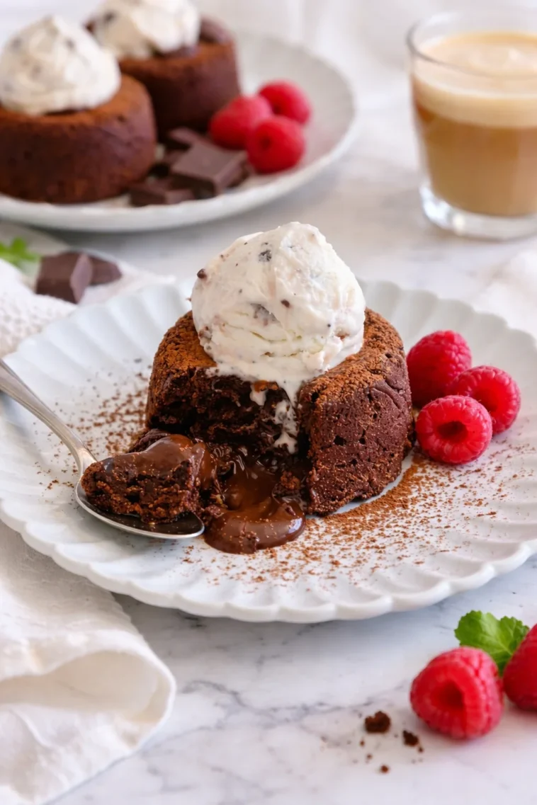 Warmer Schokokuchen mit flüssigem Kern, auch bekannt als Lava Cake, appetitlich serviert.