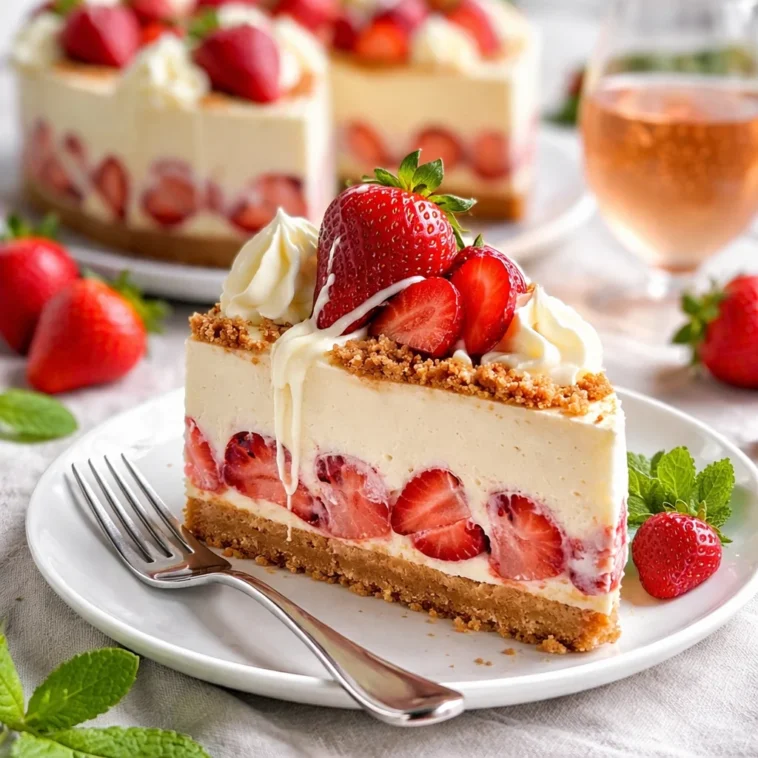 Weiße Schokolade Erdbeer Käsekuchen mit frischen Erdbeeren und dekadenter Käsekuchencreme