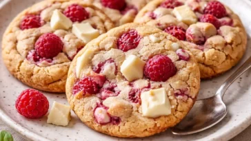 Weiße Schokolade-Himbeer Cookies auf einem Teller, frisch gebacken