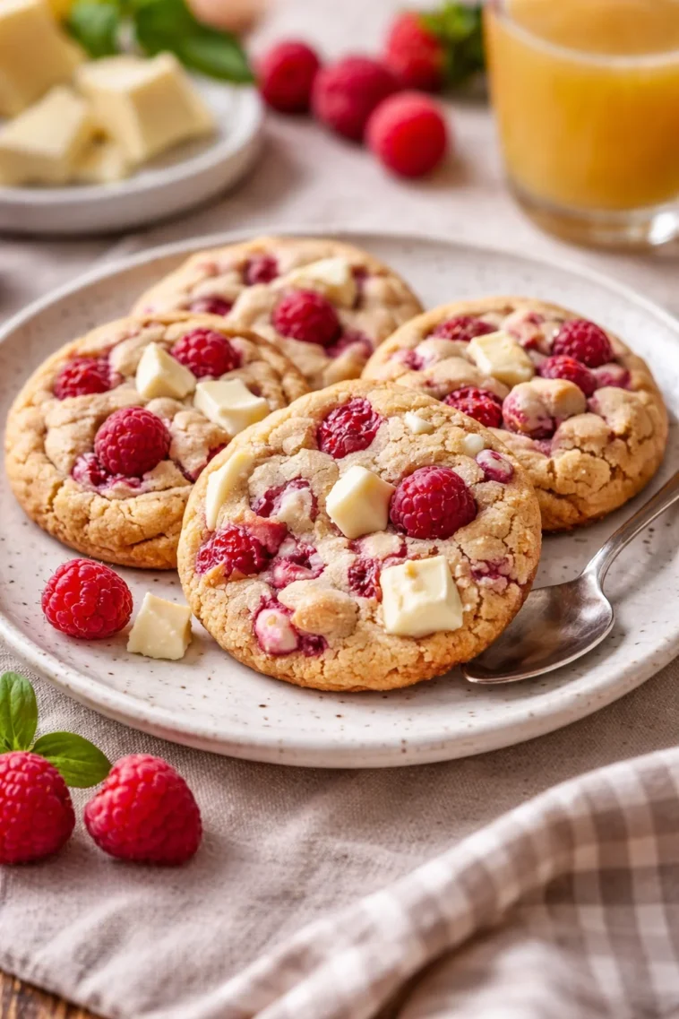 Weiße Schokolade-Himbeer Cookies auf einem Teller, frisch gebacken