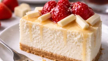 Leckerer weißer Schokoladenkäsekuchen auf einem Teller mit Fruchtdekor